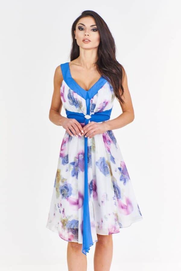 Ефирна рокля с презрамки от цветен шифон в наситено синьо и розово