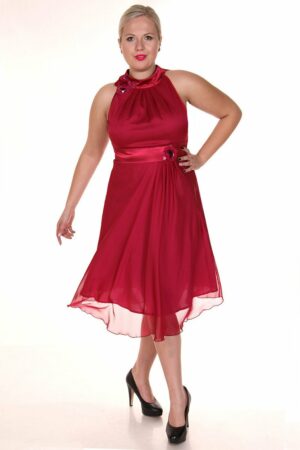 Официална разкроена рубинено червена рокля от шифон без ръкав