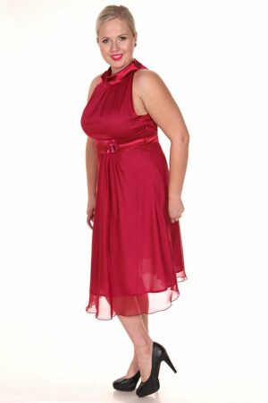Официална разкроена рубинено червена рокля от шифон без ръкав