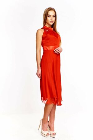 Официална разкроена червена рокля от шифон без ръкав