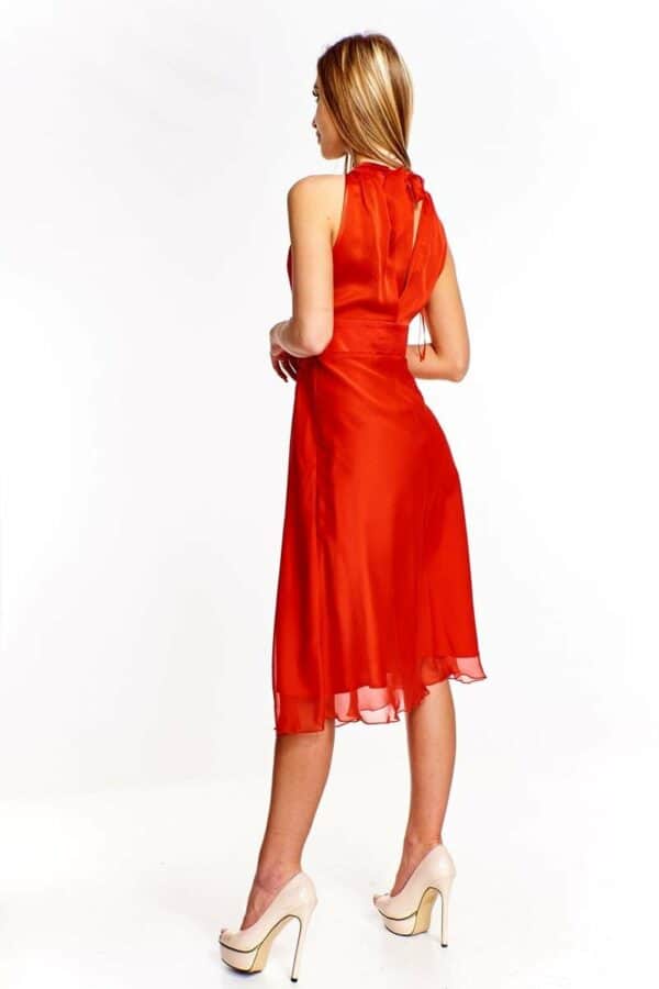 Официална разкроена червена рокля от шифон без ръкав