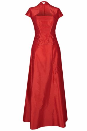 Официална дълга червена рокля с болеро - декоративни връзки