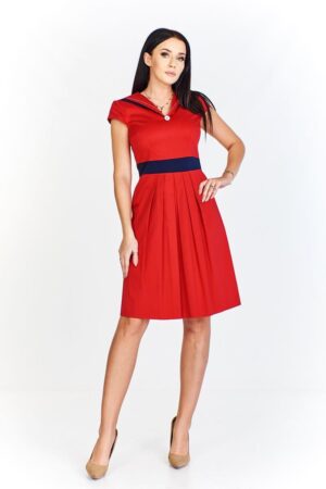 Елегантна лятна рокля с къс ръкав -коралово червено и тъмно синьо