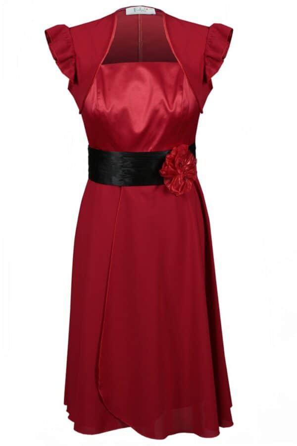 Ефирна червена рокля с тънки презрамки и цвете на талията в комплект с болеро