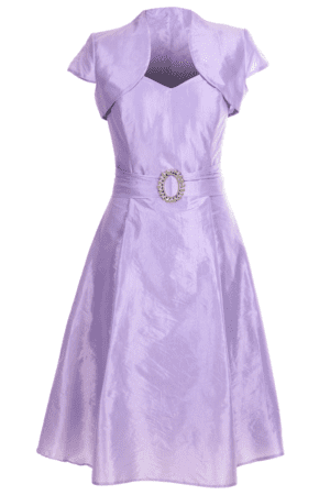 Официална разкроена рокля в светло лилаво с колан с катарама и болеро