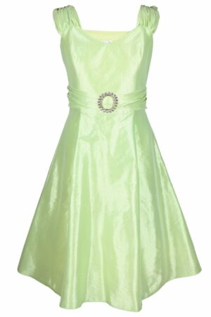 Официална разкроена рокля в бледо зелено с колан с катарама и болеро