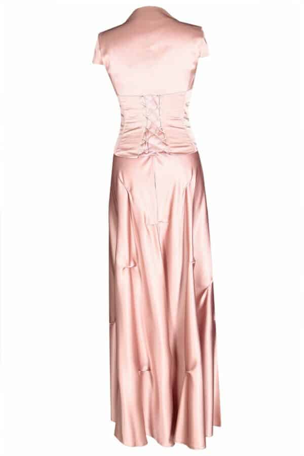 Дълга официална сатенена рокля в светло розово с корсет и болеро 019