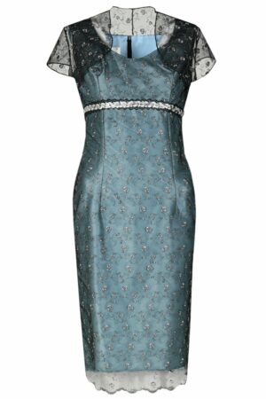 Официална рокля от тафта и дантела с болеро в синьо