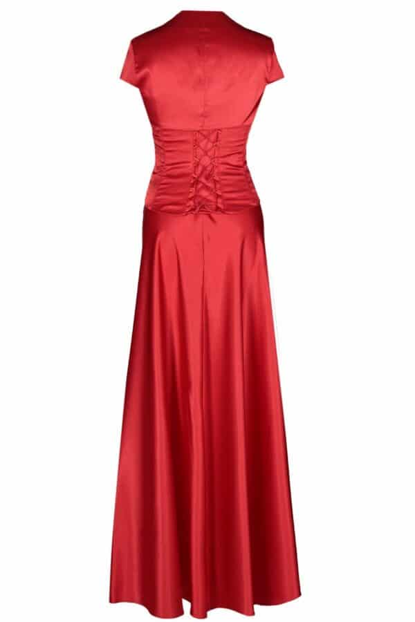 Дълга червена сатенена рокля с корсет с дребни кристали и болеро