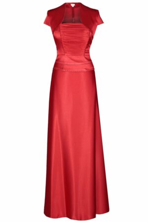 Дълга червена сатенена рокля с корсет с дребни кристали и болеро