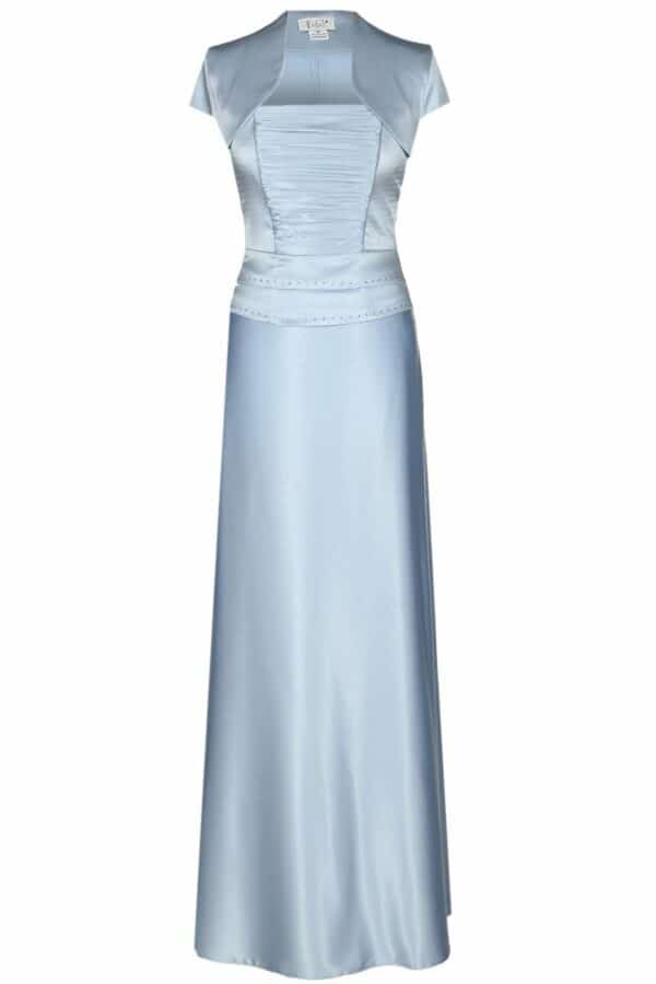 Дълга светло синя сатенена рокля с корсет с дребни кристали и болеро 086