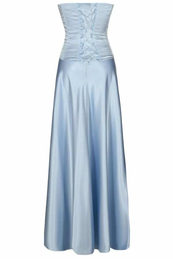 Дълга светло синя сатенена рокля с корсет с дребни кристали и болеро 086
