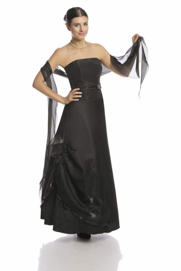 Дълга черна рокля с кринолин и корсет без презрамки- декорация цвете