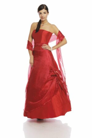 Дълга червена рокля с кринолин и корсет без презрамки- декорация цвете