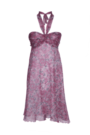 Къса разкроена рокля от шифон с презрамка през врата - цветя в розово и сиво