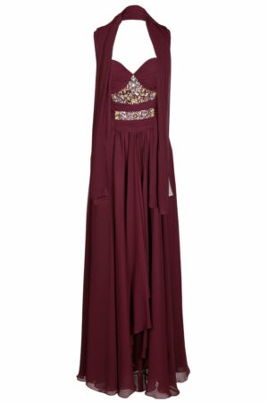 Дълга официална рокля от шифон с камъни - цвят бордо