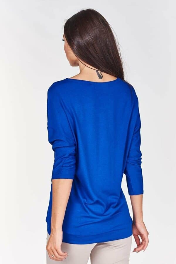 Дълга наситено синя дамска блуза с 3/4 ръкав и декорация перли