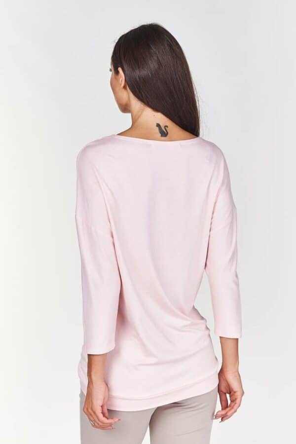 Дълга светло розова дамска блуза с 3/4 ръкав и декорация перли