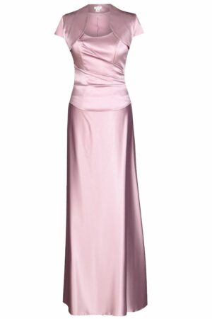 Дълга светло розова официална сатенена рокля 001