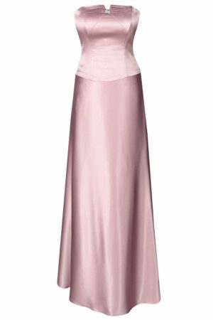 Дълга официална сатенена рокля с кристал 088 светло розова