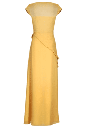 Дълга бледо жълта официална рокля от шифон декорирана с камъни