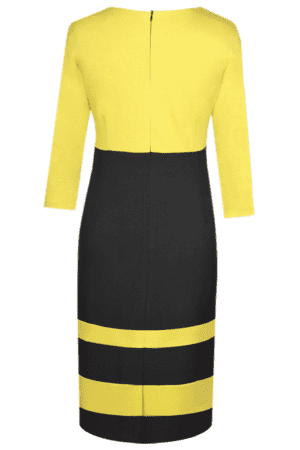 Елегантна права рокля до коляното в жълто и черно