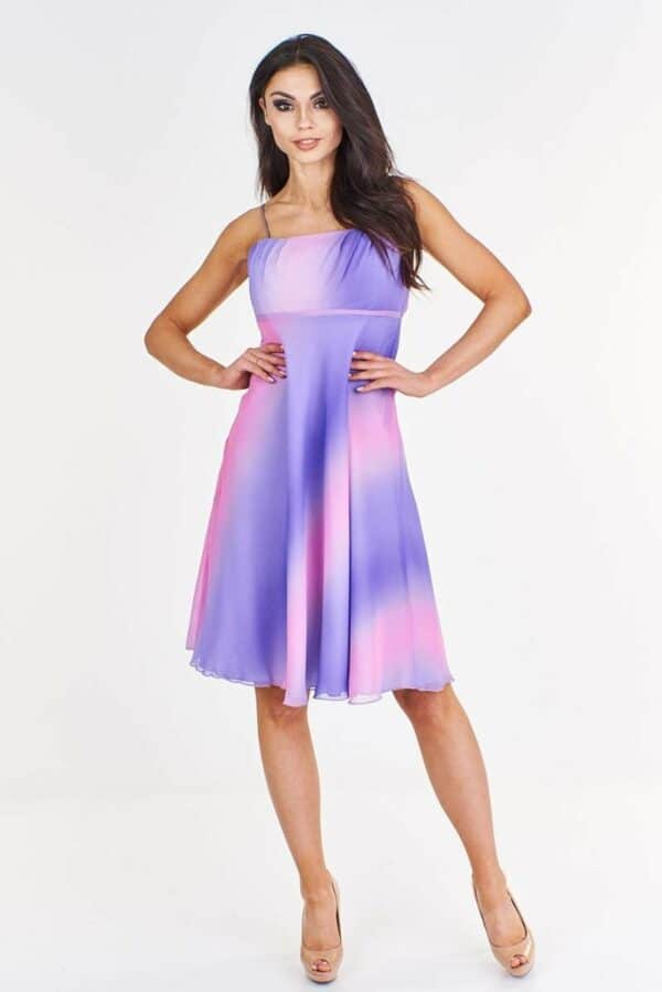 Лятна рокля от шифон с тънки презрамки - лилаво и розово