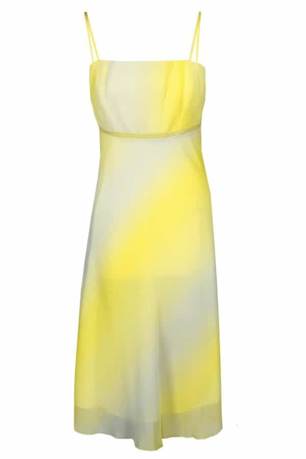 Лятна рокля от шифон с тънки презрамки - жълто и бяло