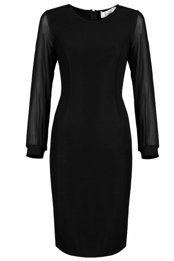 Черна вталена рокля с дълъг шифонен ръкав
