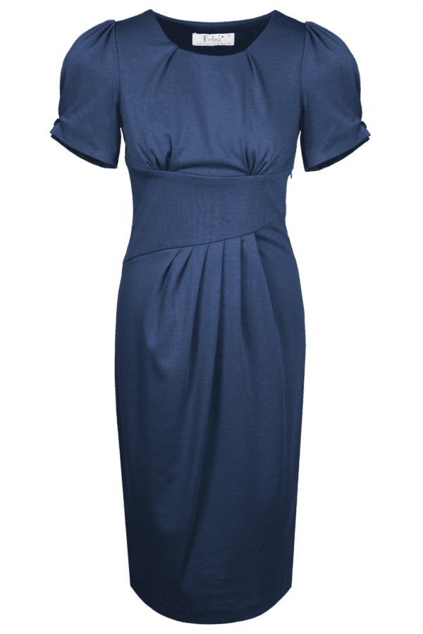 Дамска синя рокля от трико с къс ръкав