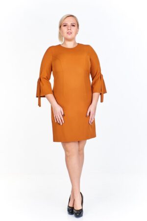 Оранжева еластична рокля с 3/4 ръкав с връзки