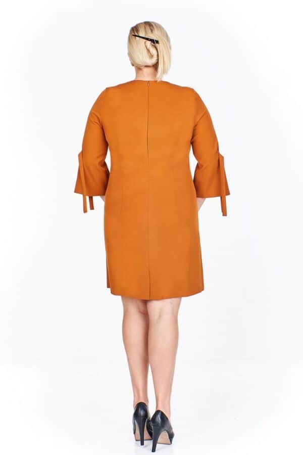 Оранжева еластична рокля с 3/4 ръкав с връзки