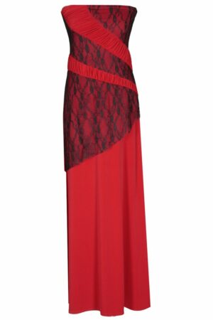 Дълга тъмно червена рокля без презрамки от трико и дантела 142