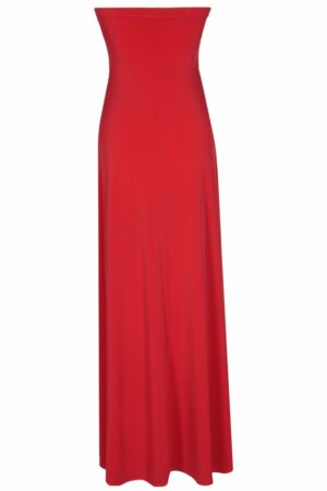 Дълга тъмно червена рокля без презрамки от трико и дантела 142