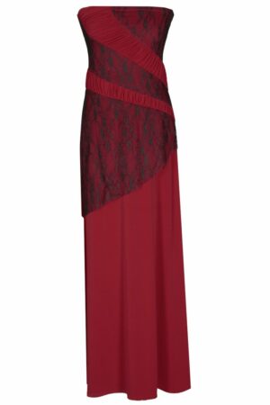 Дълга рокля цвят бордо - без презрамки от трико и дантела 142