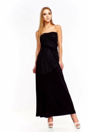 Дълга черна рокля без презрамки от трико и дантела 142