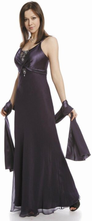 Дълга копринена рокля с тънки презрамки и бродерия с мъниста в тъмно лилаво