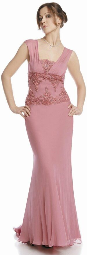 Официална бледо розова копринена рокля с бродерия и мъниста
