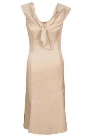 Разкроена  сатенена  рокля цвят шампанско  с декоративна шал яка