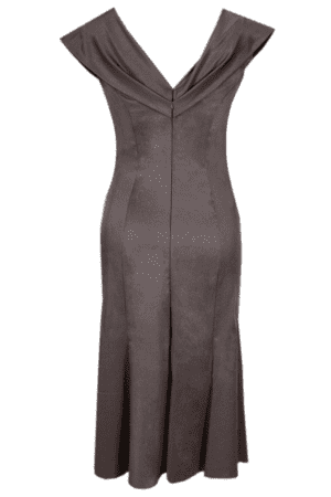 Разкроена тъмно сива  сатенена рокля с декоративна шал яка