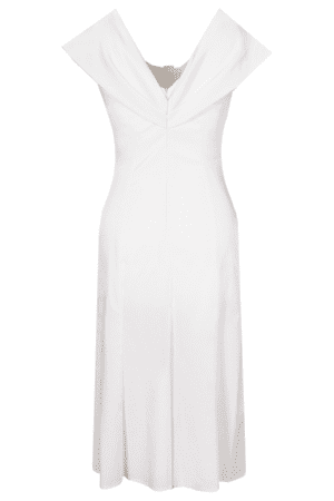 Бяла разкроена сатенена рокля с декоративна шал яка