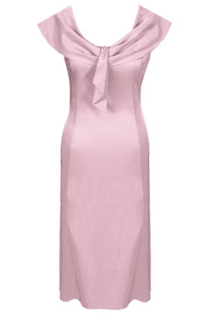 Разкроена бледо розова  сатенена рокля с декоративна шал яка