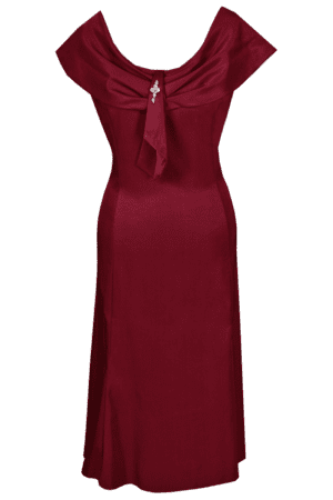 Разкроена тъмно червена  сатенена рокля с декоративна шал яка