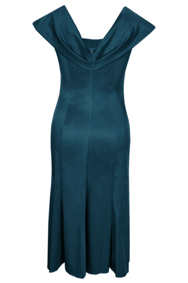Разкроена тюркоазено синя  сатенена рокля с декоративна шал яка