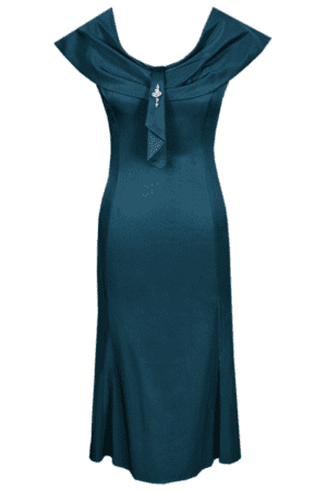 Разкроена тюркоазено синя  сатенена рокля с декоративна шал яка