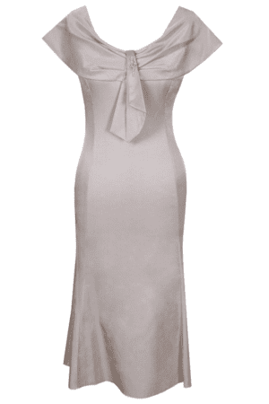 Разкроена светло бежова  сатенена рокля с декоративна шал яка