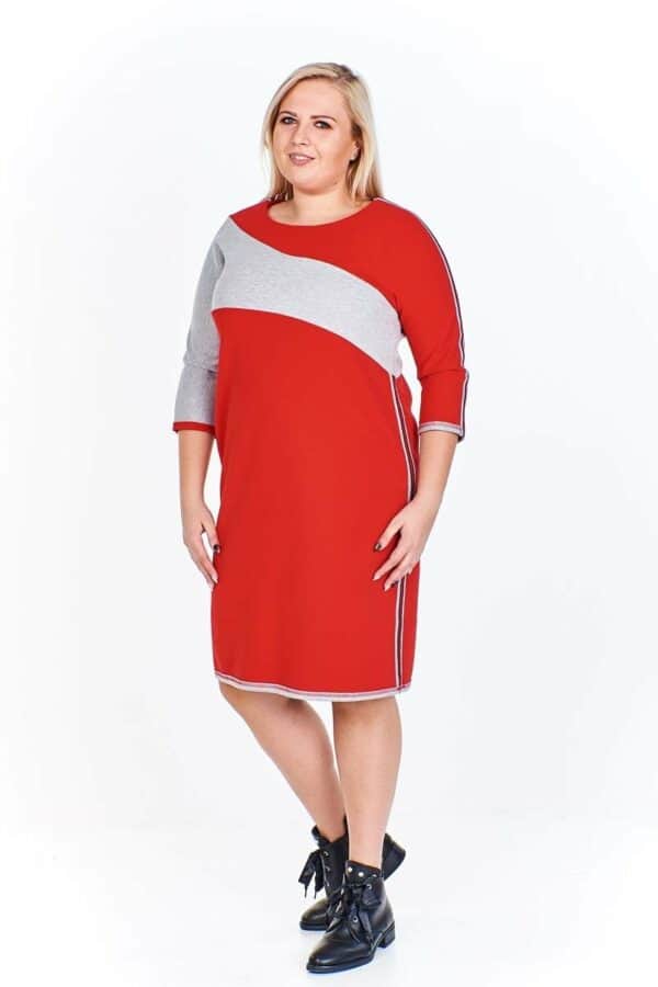 Права рокля от трико в червено и сиво с декоративни ширити