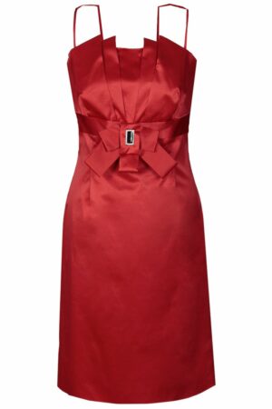 Червена сатенена рокля с тънки презрамки и болеро - декорация панделка