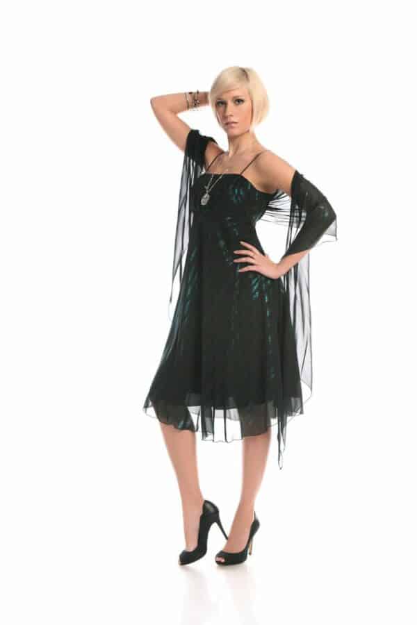 Официална разкроена рокля от шифон с презрамки - черно и тюркоазено