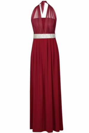 Дълга рокля от трико с колан с пайети - цвят бордо